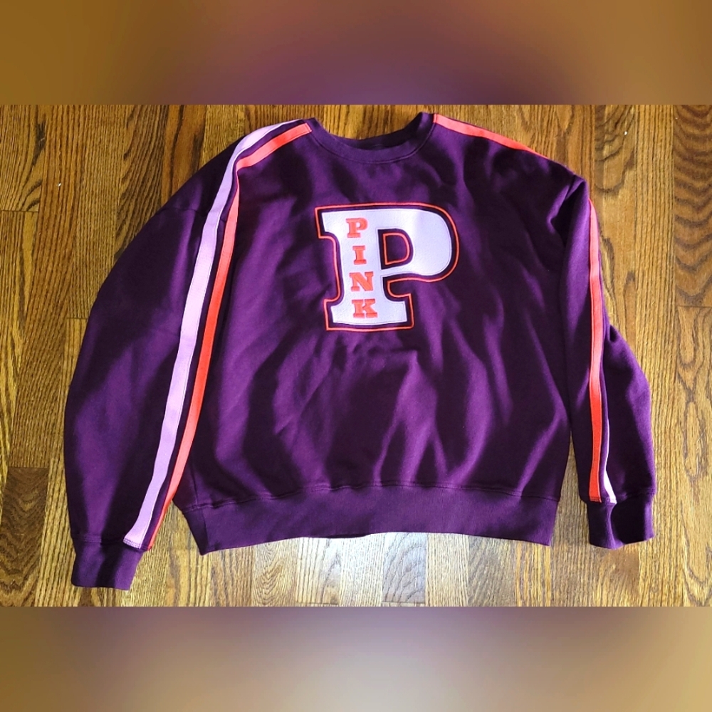 Purple Victoria Secret PINK Sweatshirt with Striped Sleeves Size XL